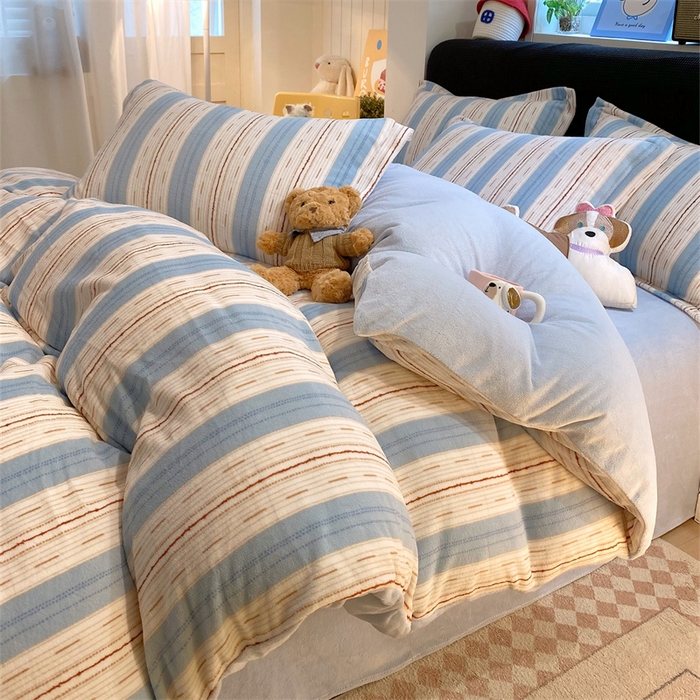 佰亿莱 2025直播新款印花小清新法莱绒牛奶绒四件套蓝白线条