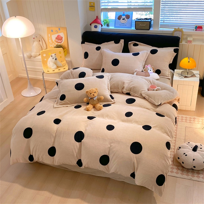 91家纺网 家纺一手货源 找家纺 佰亿莱 2025直播新款印花小清新法莱绒牛奶绒四件套奶油波波