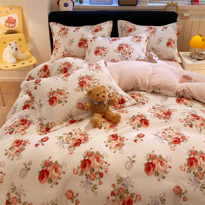 91家纺网 家纺一手货源 找家纺 佰亿莱 2025直播新款印花小清新法莱绒牛奶绒四件套手捧玫瑰