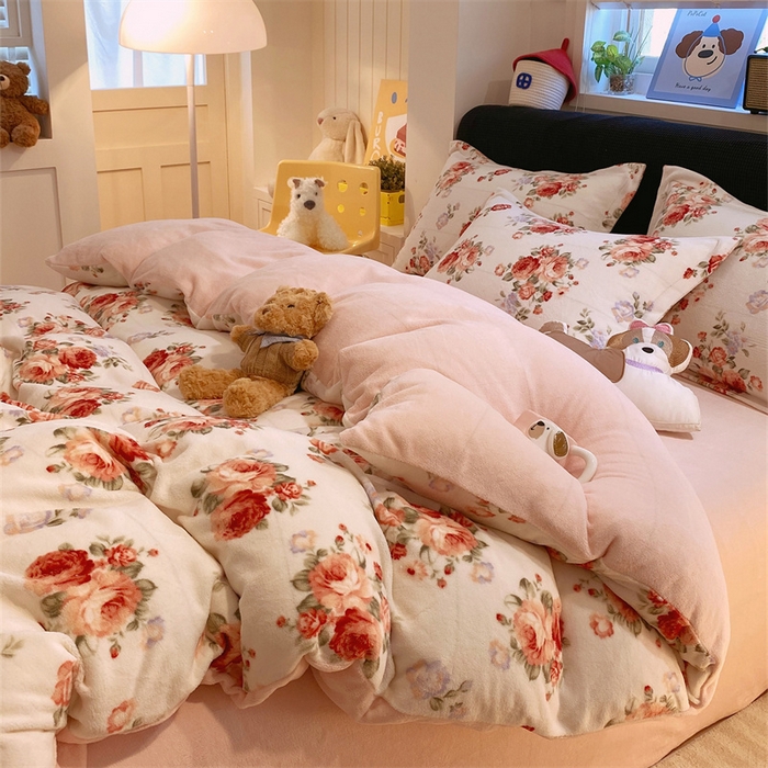 91家纺网 家纺一手货源 找家纺 佰亿莱 2025直播新款印花小清新法莱绒牛奶绒四件套手捧玫瑰