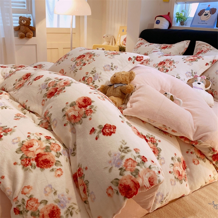 佰亿莱 2025直播新款印花小清新法莱绒牛奶绒四件套手捧玫瑰