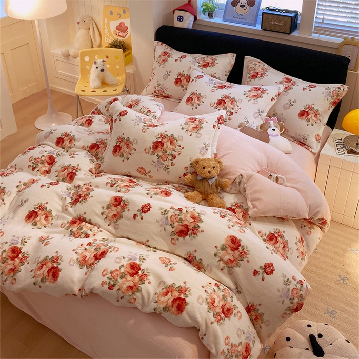 91家纺网 家纺一手货源 找家纺 佰亿莱 2025直播新款印花小清新法莱绒牛奶绒四件套手捧玫瑰