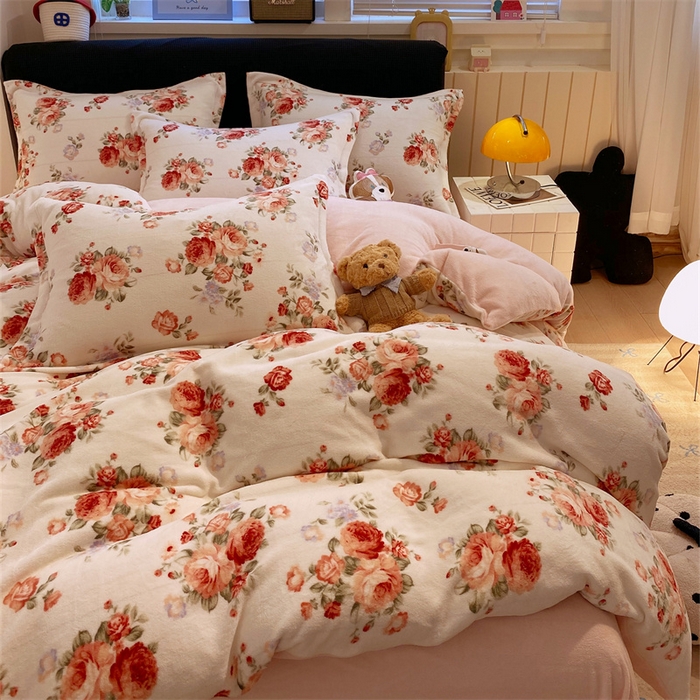 91家纺网 家纺一手货源 找家纺 佰亿莱 2025直播新款印花小清新法莱绒牛奶绒四件套手捧玫瑰