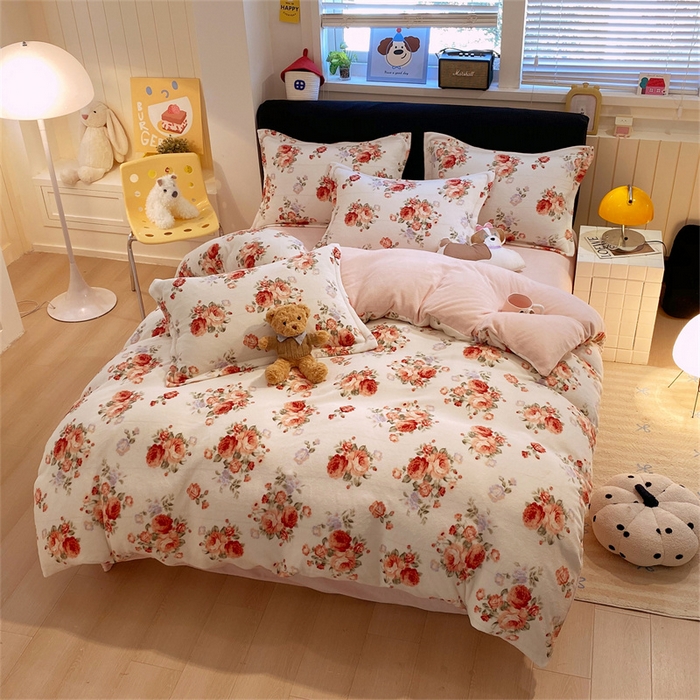 91家纺网 家纺一手货源 找家纺 佰亿莱 2025直播新款印花小清新法莱绒牛奶绒四件套手捧玫瑰