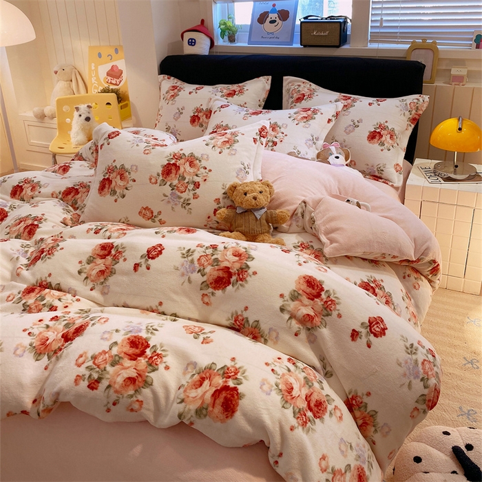 91家纺网 家纺一手货源 找家纺 佰亿莱 2025直播新款印花小清新法莱绒牛奶绒四件套手捧玫瑰