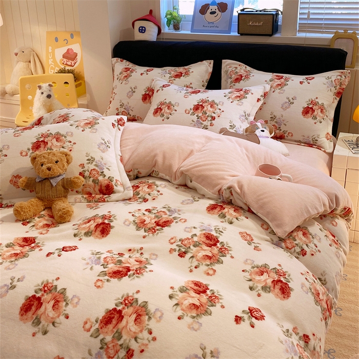 91家纺网 家纺一手货源 找家纺 佰亿莱 2025直播新款印花小清新法莱绒牛奶绒四件套手捧玫瑰