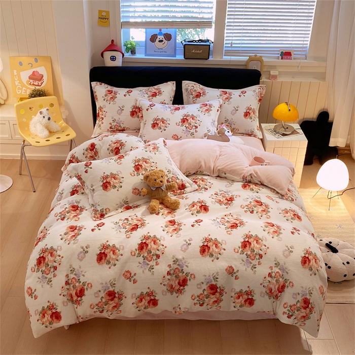 91家纺网 家纺一手货源 找家纺 佰亿莱 2025直播新款印花小清新法莱绒牛奶绒四件套手捧玫瑰