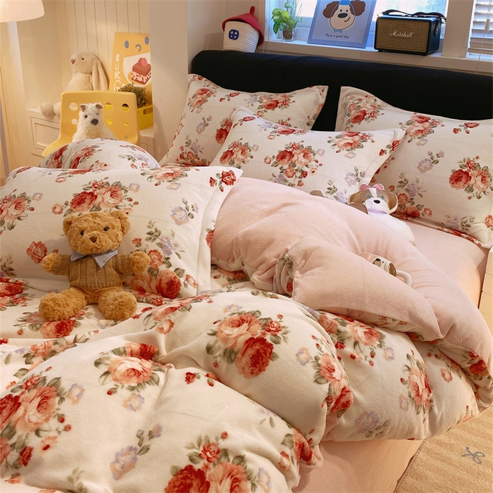 91家纺网 家纺一手货源 找家纺 佰亿莱 2025直播新款印花小清新法莱绒牛奶绒四件套手捧玫瑰