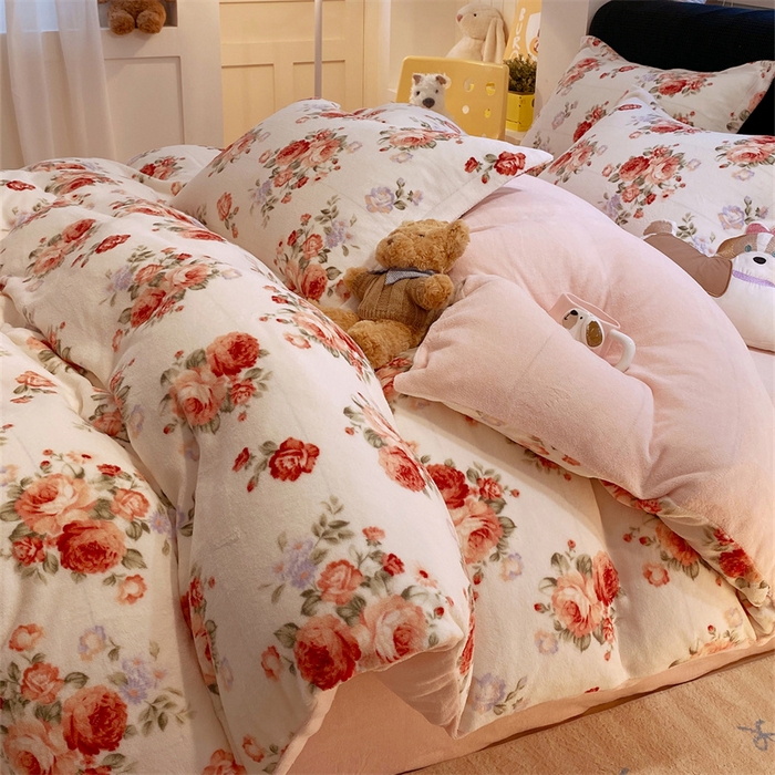 91家纺网 家纺一手货源 找家纺 佰亿莱 2025直播新款印花小清新法莱绒牛奶绒四件套手捧玫瑰