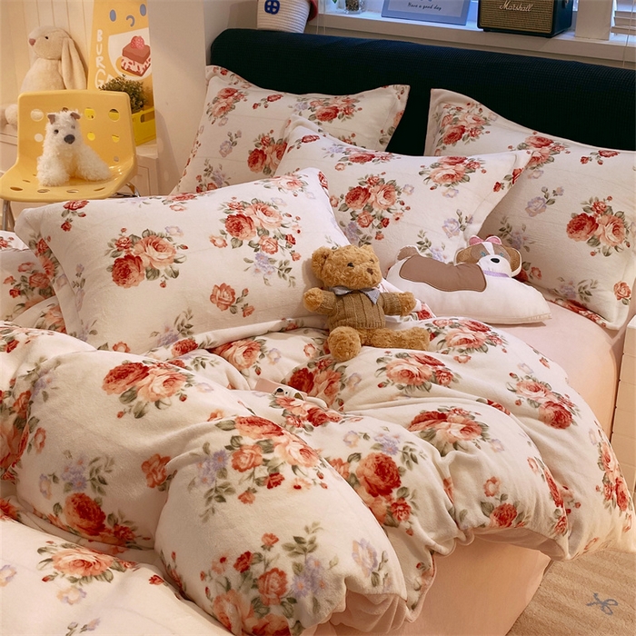 91家纺网 家纺一手货源 找家纺 佰亿莱 2025直播新款印花小清新法莱绒牛奶绒四件套手捧玫瑰