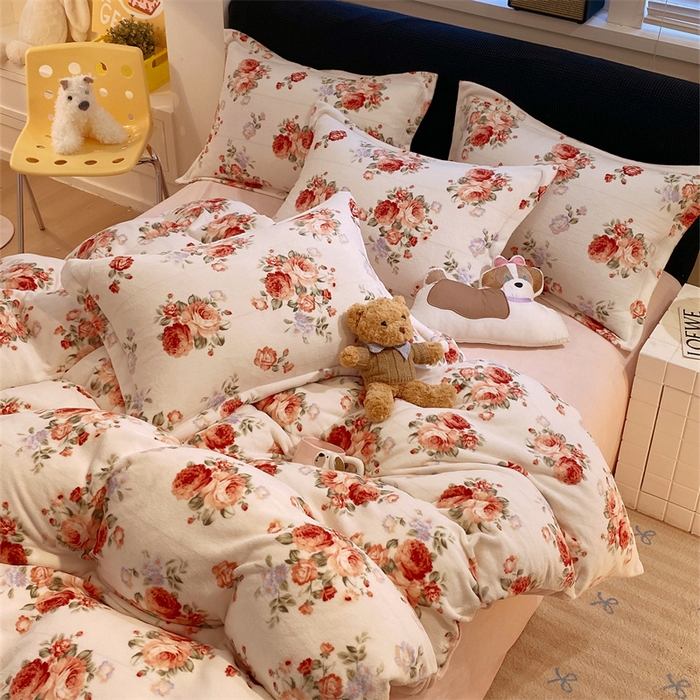 91家纺网 家纺一手货源 找家纺 佰亿莱 2025直播新款印花小清新法莱绒牛奶绒四件套手捧玫瑰