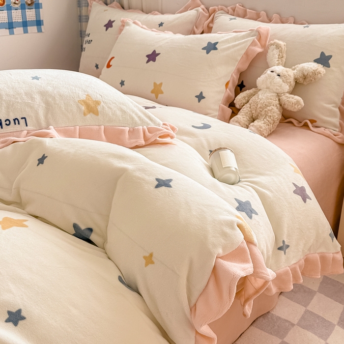 91家纺网 家纺一手货源 找家纺 懒猫家纺 2025新款韩版牛奶绒四件套 小星愿