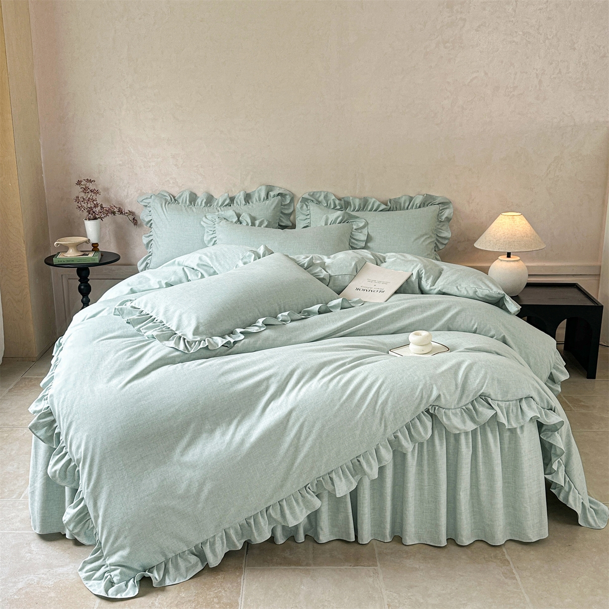 91家纺网 家纺一手货源 找家纺 （总）忘忧草 2025新款纯色色织芙蓉棉床裙四件套-维密系列