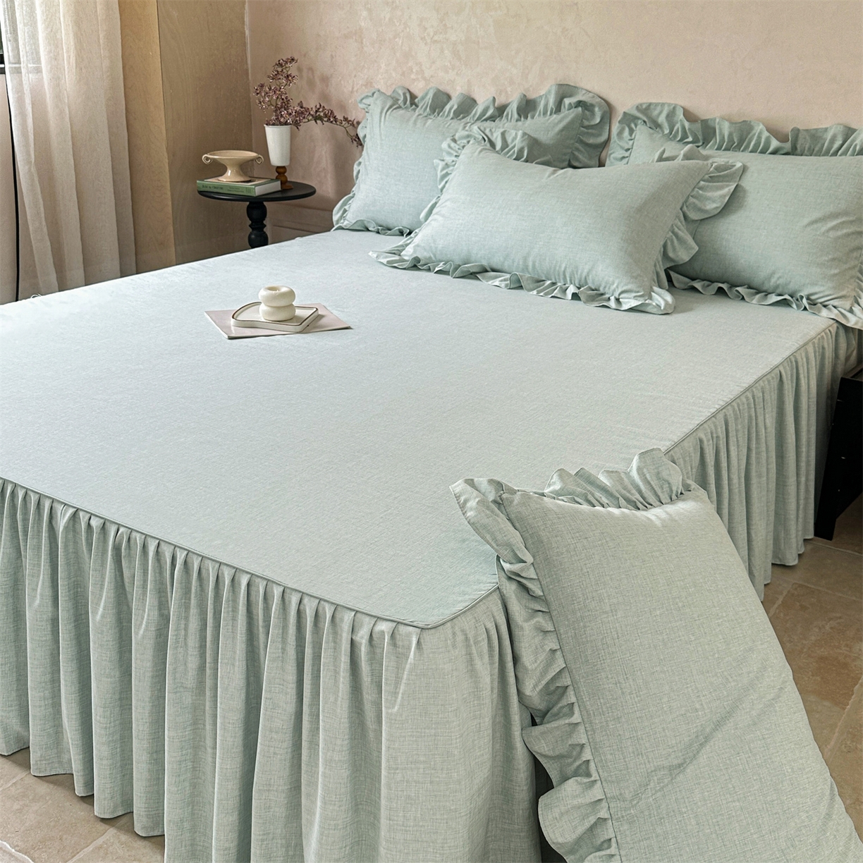 91家纺网 家纺一手货源 找家纺 忘忧草 2025新款纯色色织芙蓉棉床裙四件套-维密系列 维密-薄荷绿