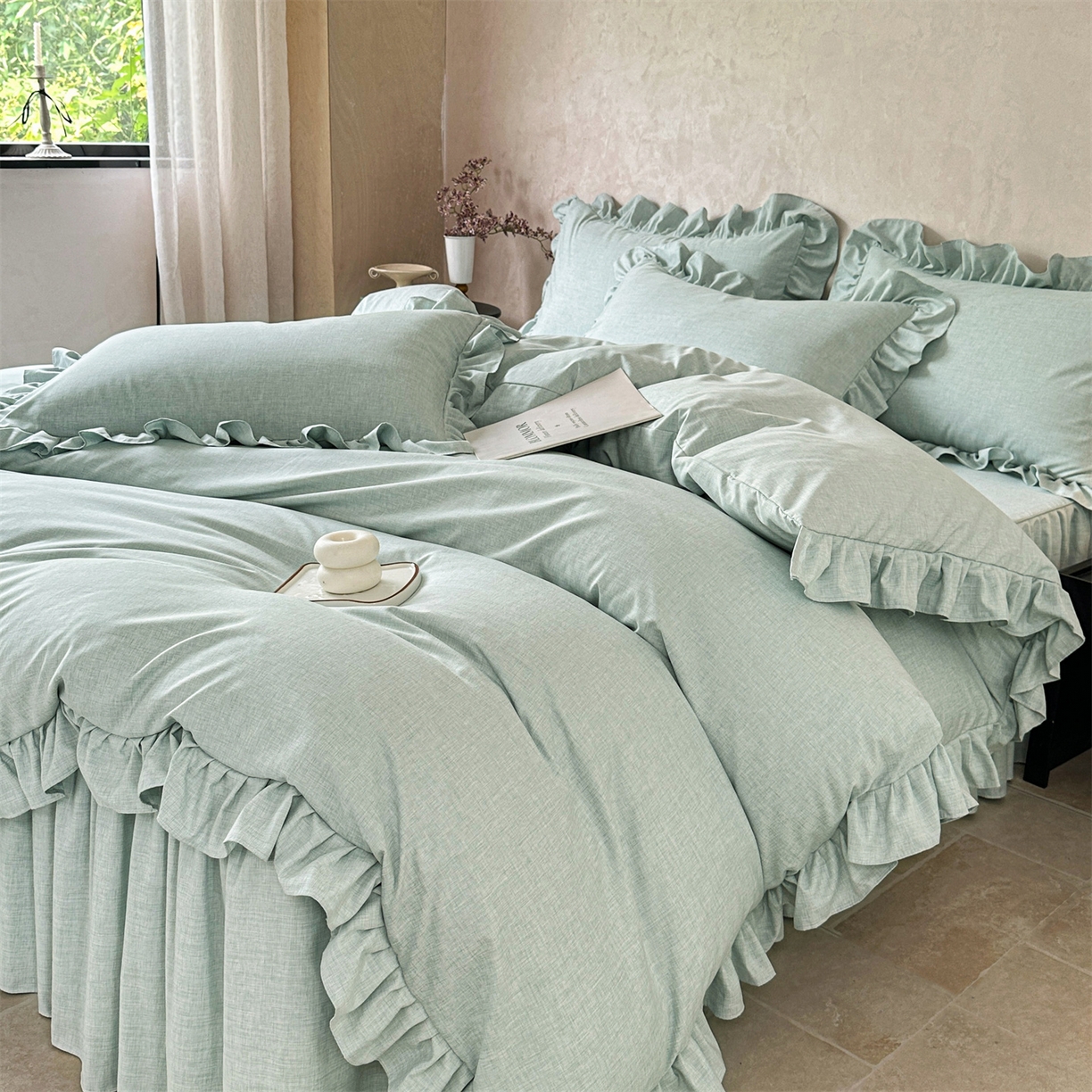 91家纺网 家纺一手货源 找家纺 忘忧草 2025新款纯色色织芙蓉棉床裙四件套-维密系列 维密-薄荷绿