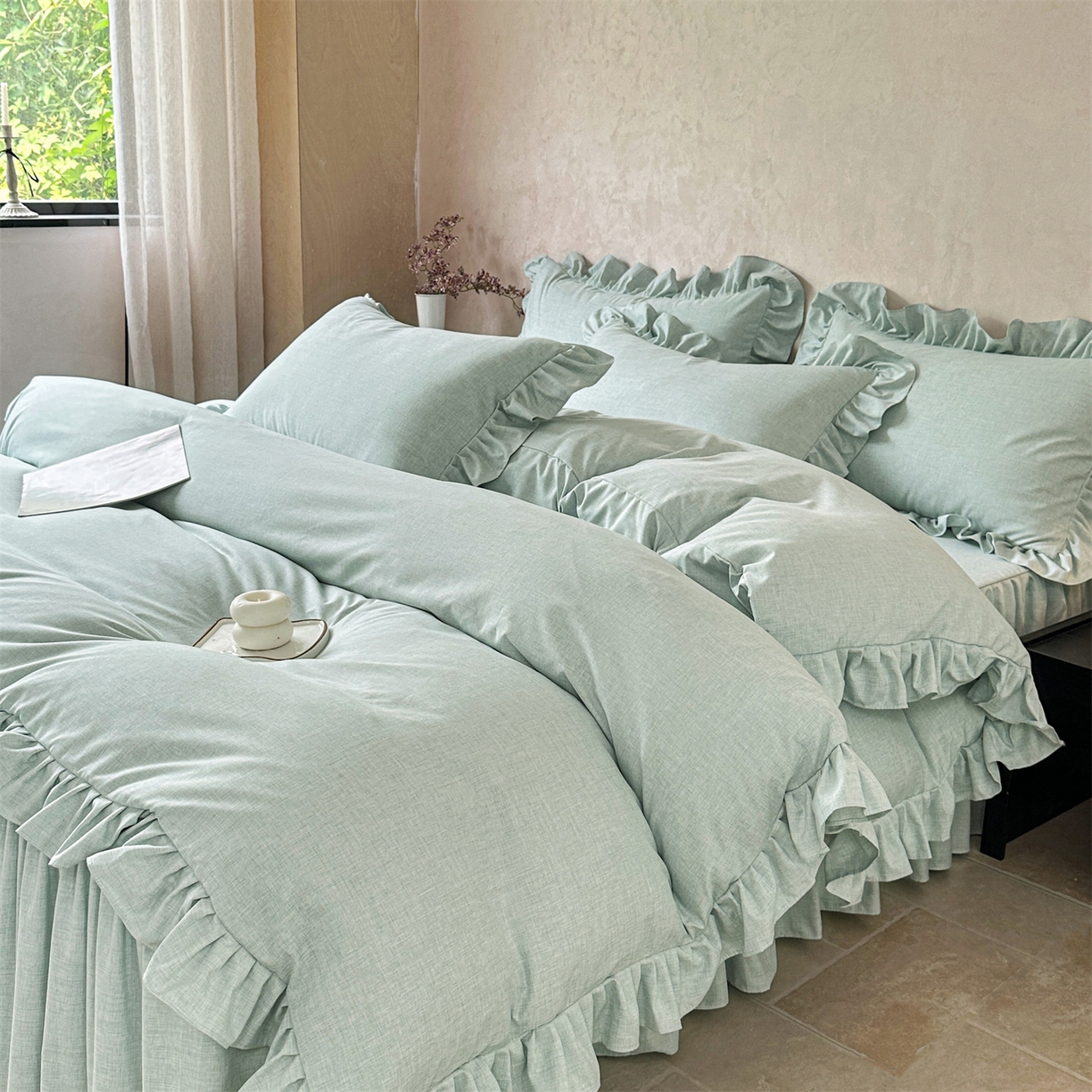 91家纺网 家纺一手货源 找家纺 忘忧草 2025新款纯色色织芙蓉棉床裙四件套-维密系列 维密-薄荷绿