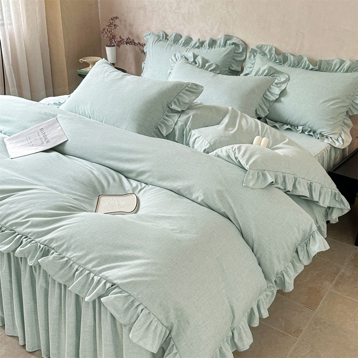 91家纺网 家纺一手货源 找家纺 忘忧草 2025新款纯色色织芙蓉棉床裙四件套-维密系列 维密-薄荷绿