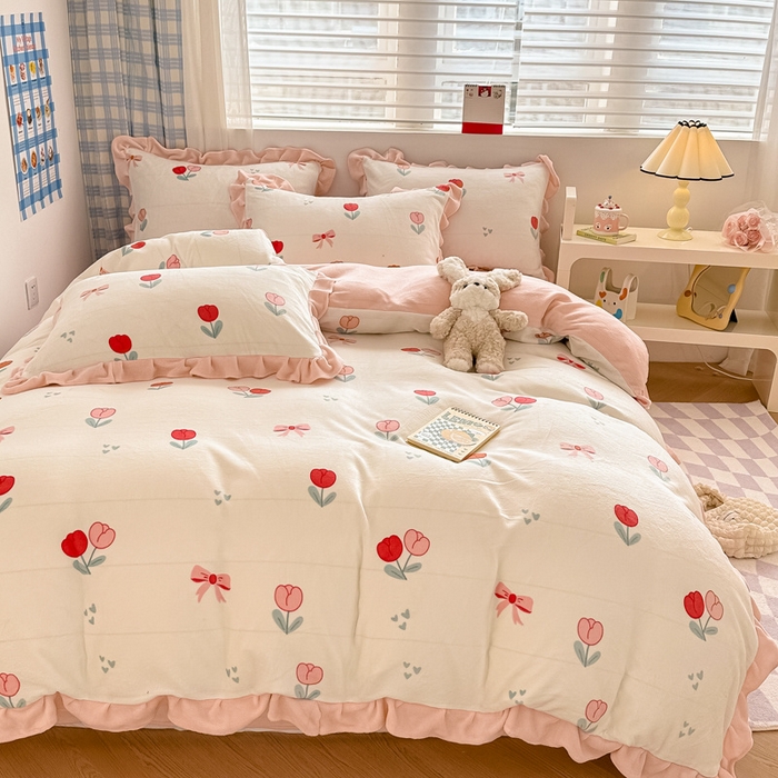 91家纺网 家纺一手货源 找家纺 懒猫家纺 2025新款韩版牛奶绒四件套 郁金香