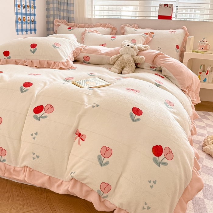 91家纺网 家纺一手货源 找家纺 懒猫家纺 2025新款韩版牛奶绒四件套 郁金香