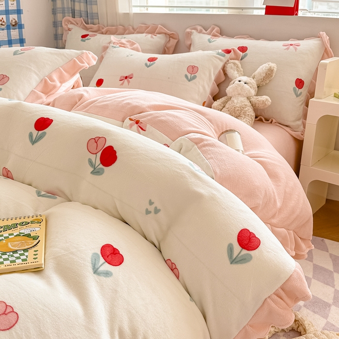 91家纺网 家纺一手货源 找家纺 懒猫家纺 2025新款韩版牛奶绒四件套 郁金香