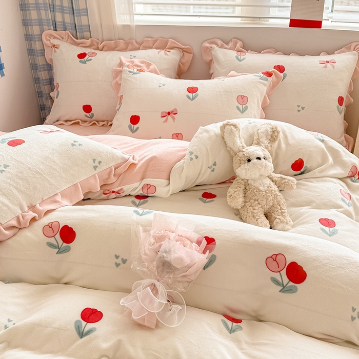 91家纺网 家纺一手货源 找家纺 懒猫家纺 2025新款韩版牛奶绒四件套 郁金香