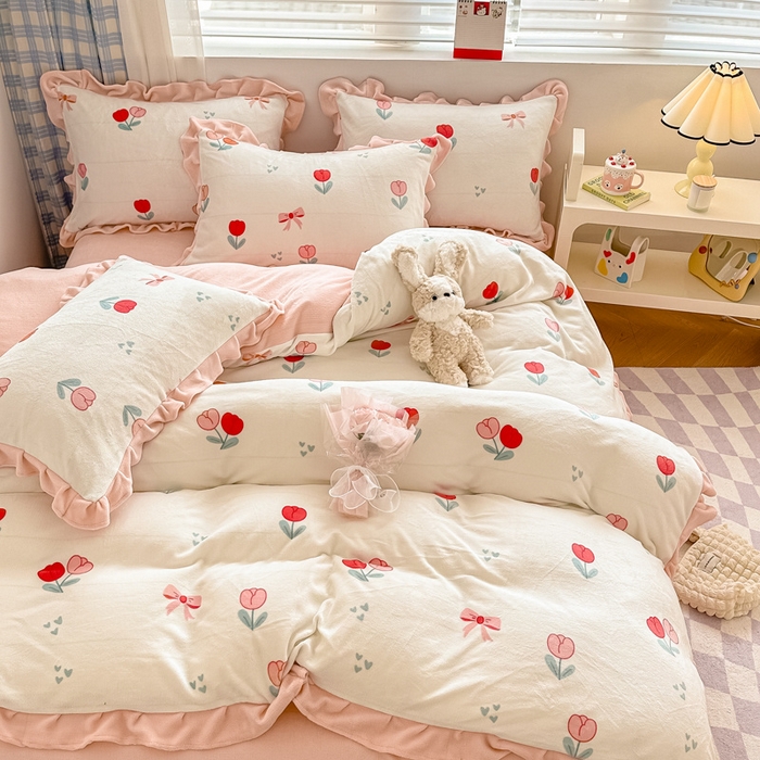 91家纺网 家纺一手货源 找家纺 懒猫家纺 2025新款韩版牛奶绒四件套 郁金香