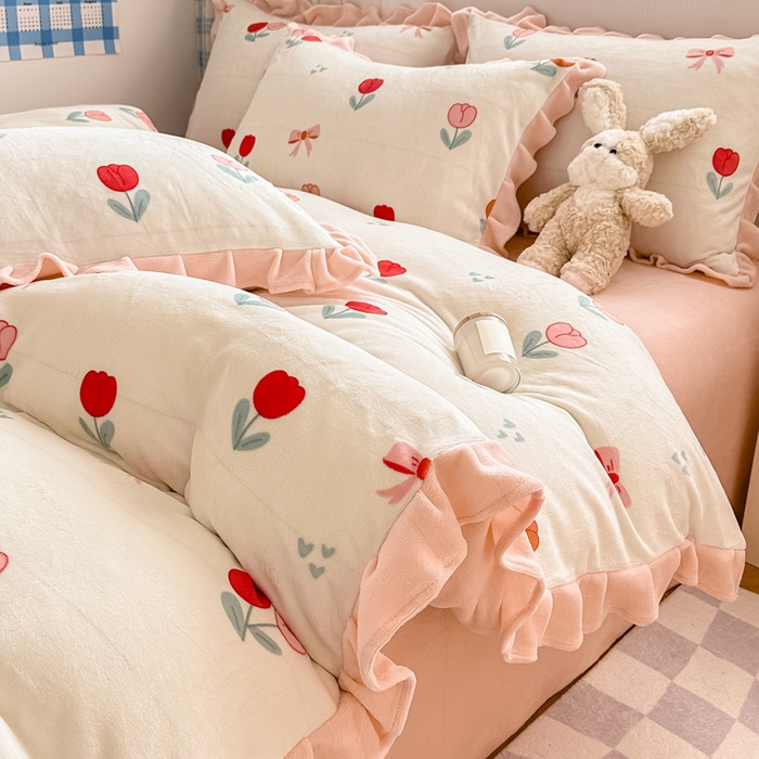 91家纺网 家纺一手货源 找家纺 懒猫家纺 2025新款韩版牛奶绒四件套 郁金香