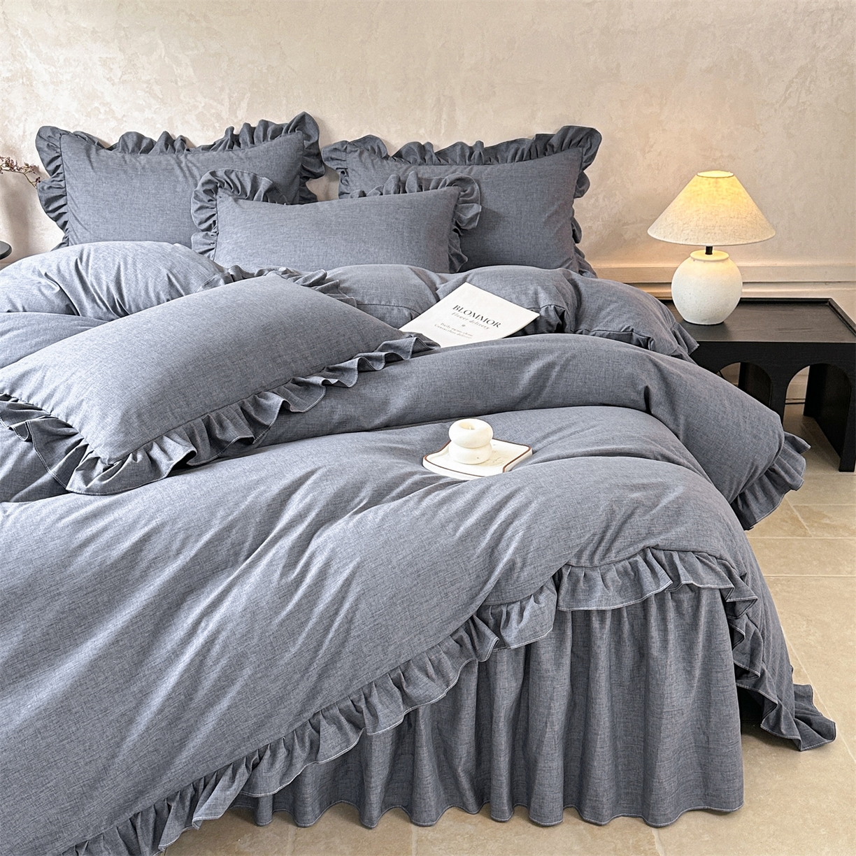 忘忧草 2025新款纯色色织芙蓉棉床裙四件套-维密系列 维密-藏青蓝