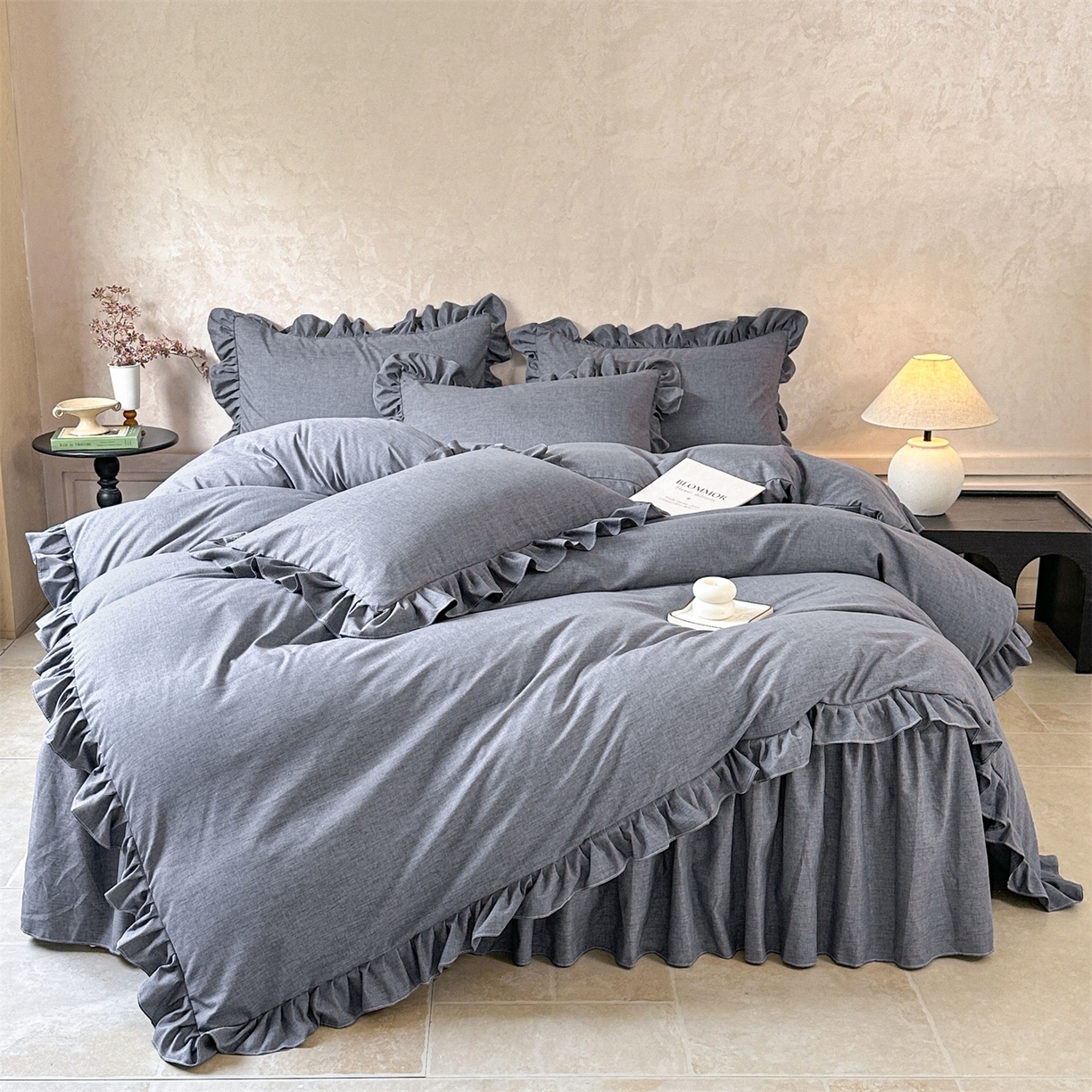 91家纺网 家纺一手货源 找家纺 忘忧草 2025新款纯色色织芙蓉棉床裙四件套-维密系列 维密-藏青蓝