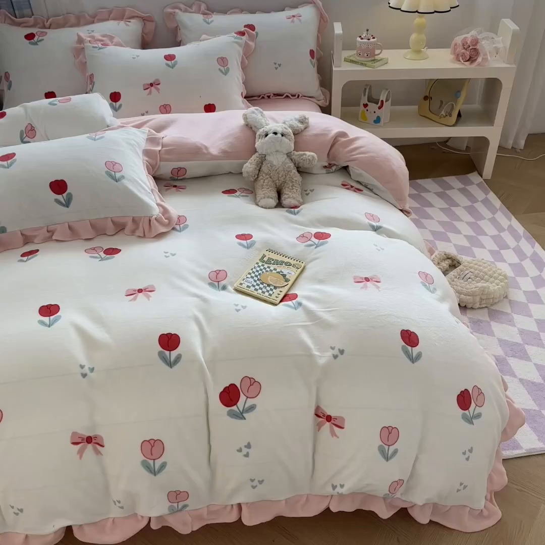 91家纺网 家纺一手货源 找家纺 懒猫家纺 2025新款韩版牛奶绒四件套 郁金香