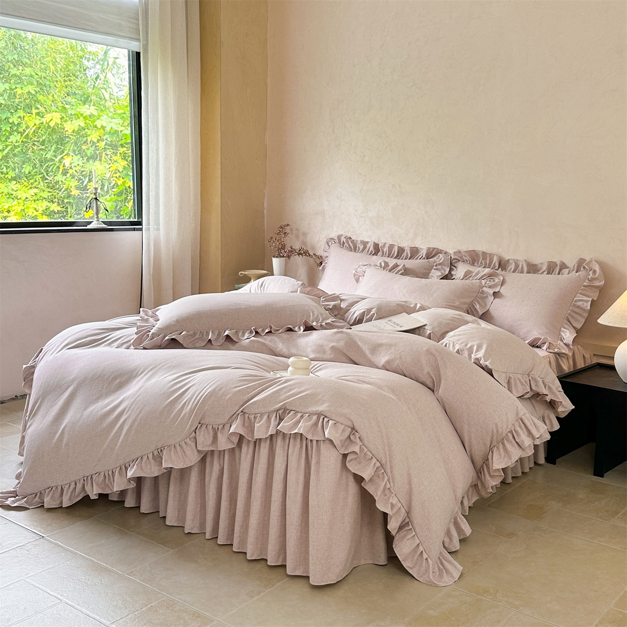 91家纺网 家纺一手货源 找家纺 忘忧草 2025新款纯色色织芙蓉棉床裙四件套-维密系列 维密-丁香紫