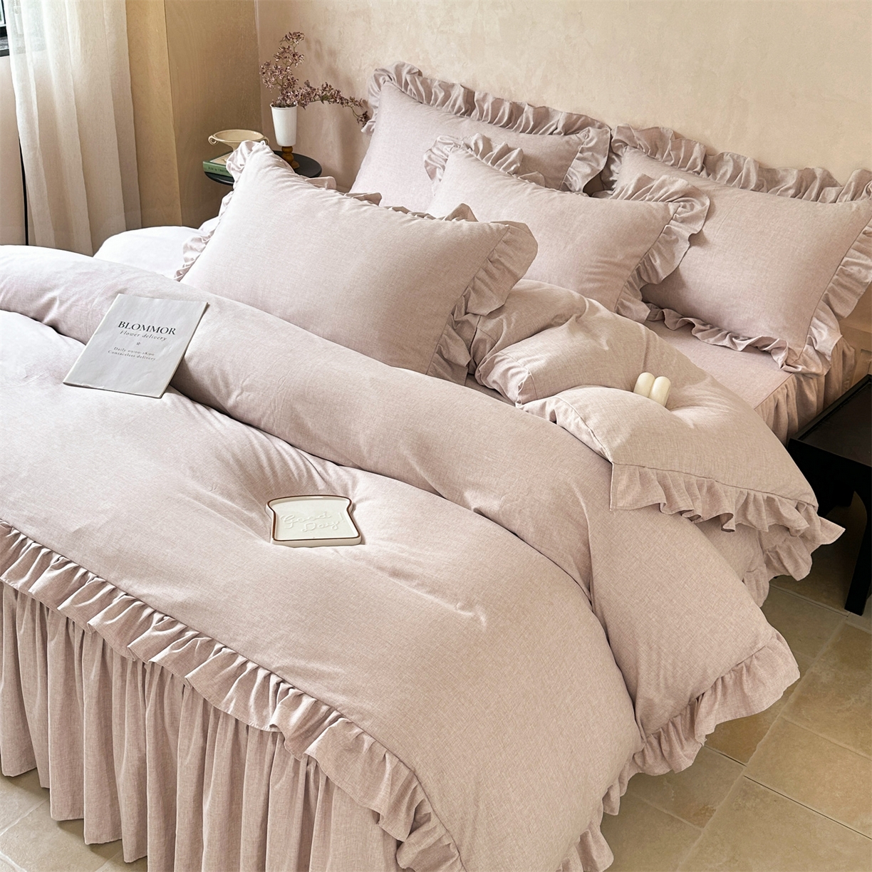 91家纺网 家纺一手货源 找家纺 忘忧草 2025新款纯色色织芙蓉棉床裙四件套-维密系列 维密-丁香紫