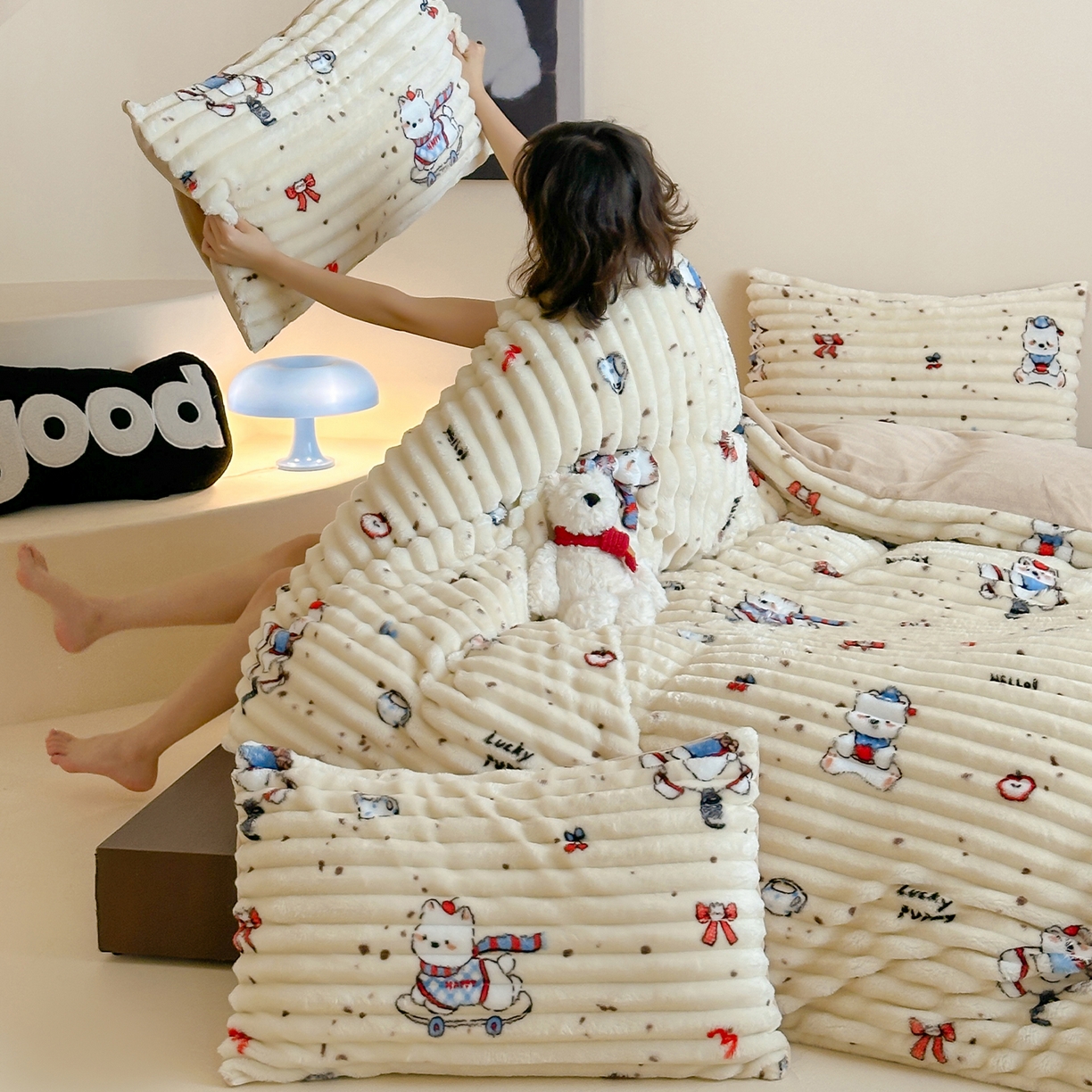 91家纺网 家纺一手货源 找家纺 （总）RYB红黄兰 2025新款设计师原创A版抽条兔兔绒B版牛奶绒印花四件套