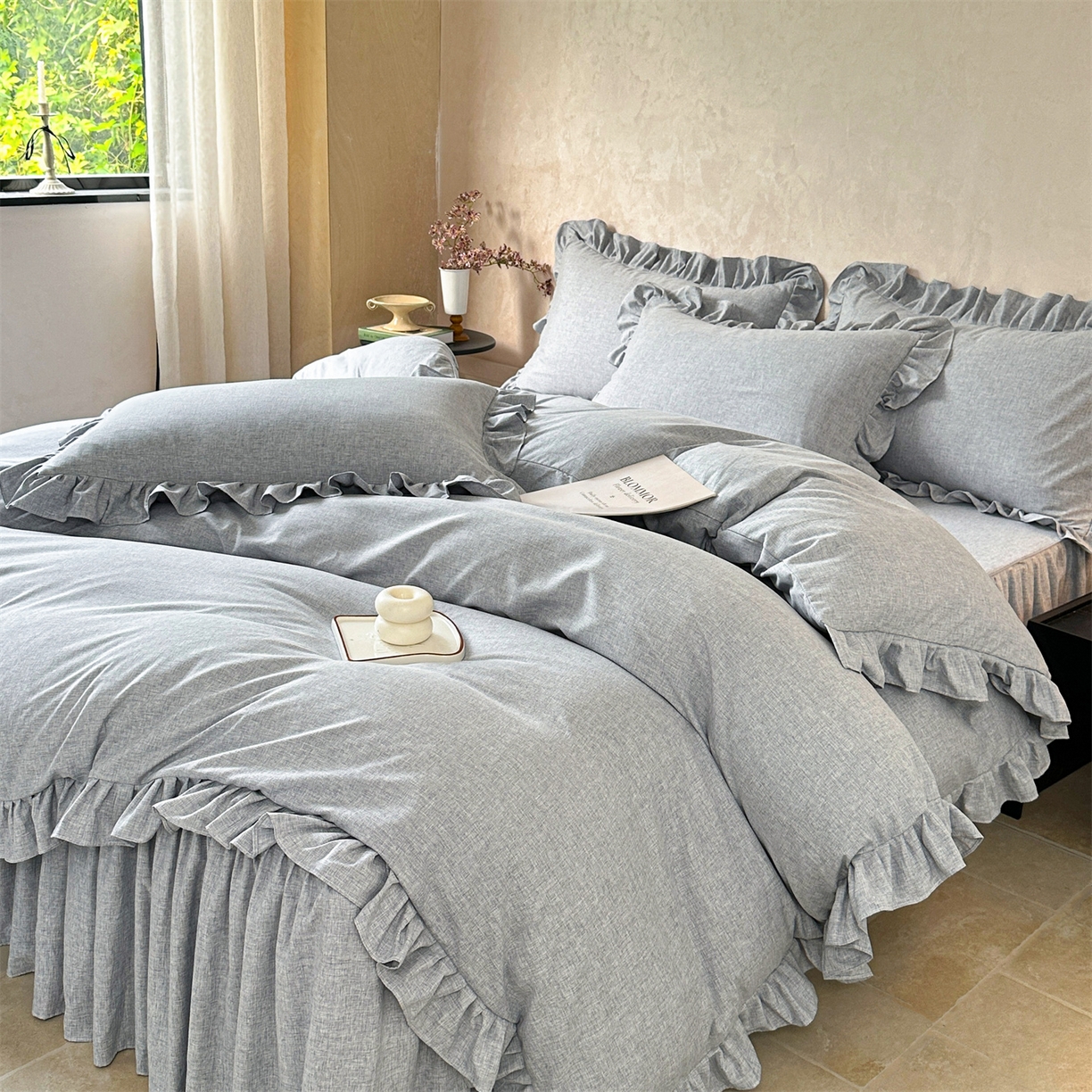 91家纺网 家纺一手货源 找家纺 忘忧草 2025新款纯色色织芙蓉棉床裙四件套-维密系列 维密-宁静蓝