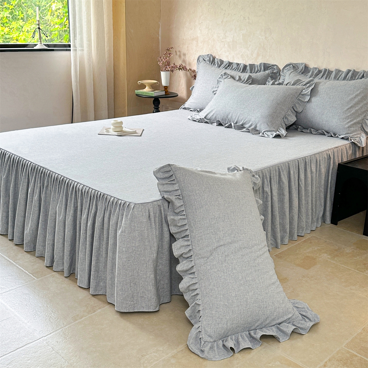 91家纺网 家纺一手货源 找家纺 忘忧草 2025新款纯色色织芙蓉棉床裙四件套-维密系列 维密-宁静蓝