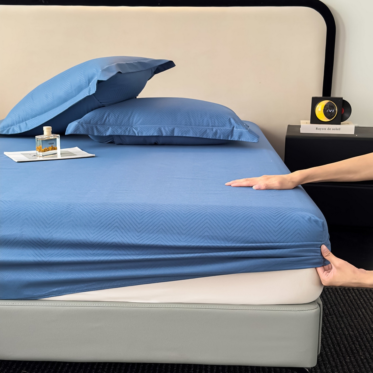 91家纺网 家纺一手货源 找家纺 露梦家纺 2025外贸内销跨境电商亚马逊速卖通磨毛单床笠三件套欧美尺寸多多跨境平台TEMU SHEIN笠高30 波纹-冰蓝