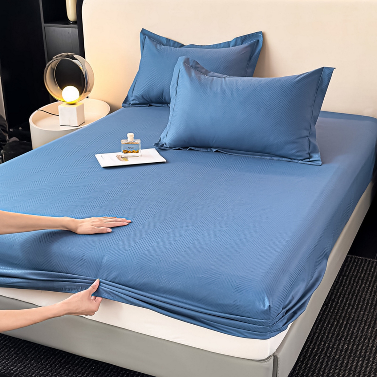 91家纺网 家纺一手货源 找家纺 露梦家纺 2025外贸内销跨境电商亚马逊速卖通磨毛单床笠三件套欧美尺寸多多跨境平台TEMU SHEIN笠高30 波纹-冰蓝