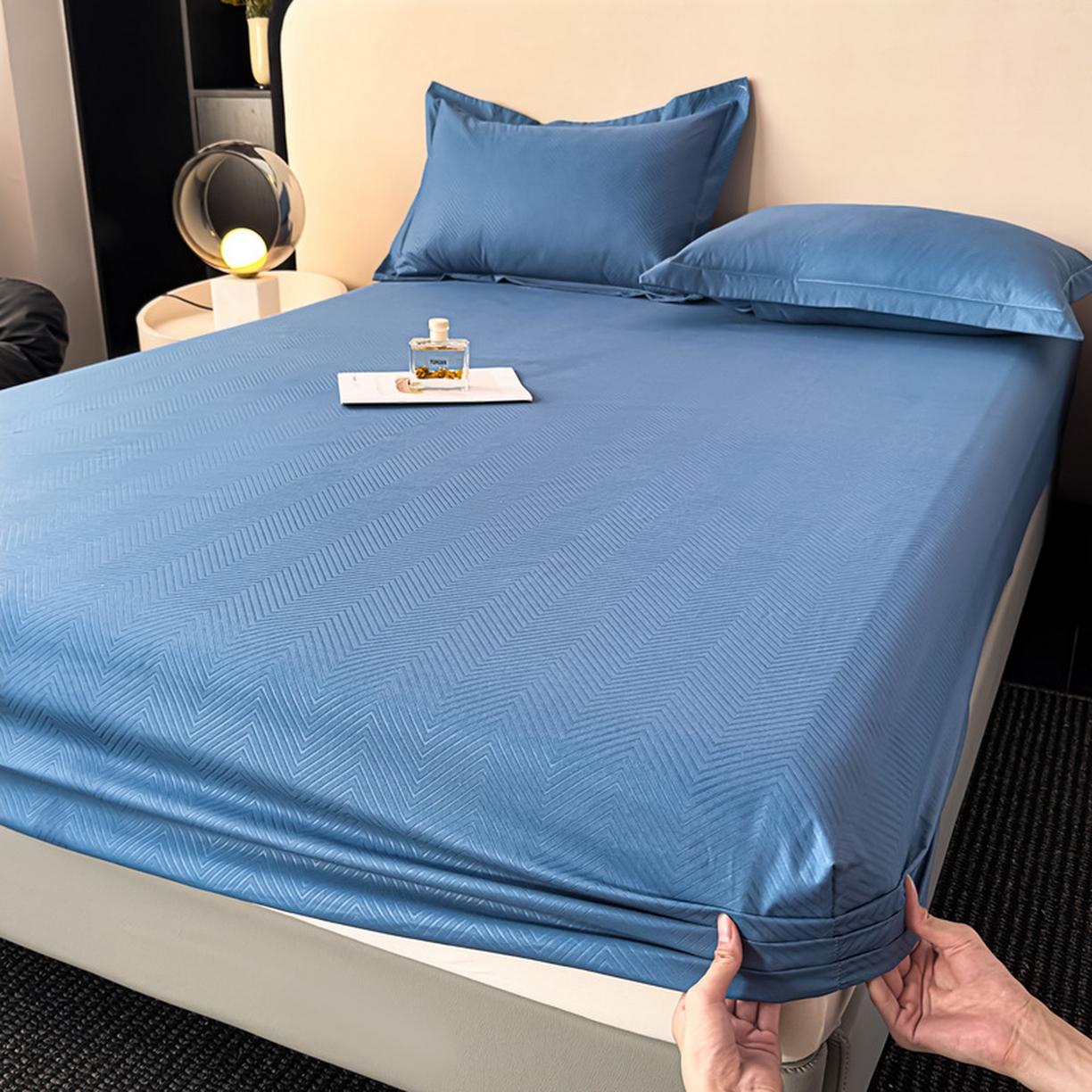 91家纺网 家纺一手货源 找家纺 露梦家纺 2025外贸内销跨境电商亚马逊速卖通磨毛单床笠三件套欧美尺寸多多跨境平台TEMU SHEIN笠高30 波纹-冰蓝