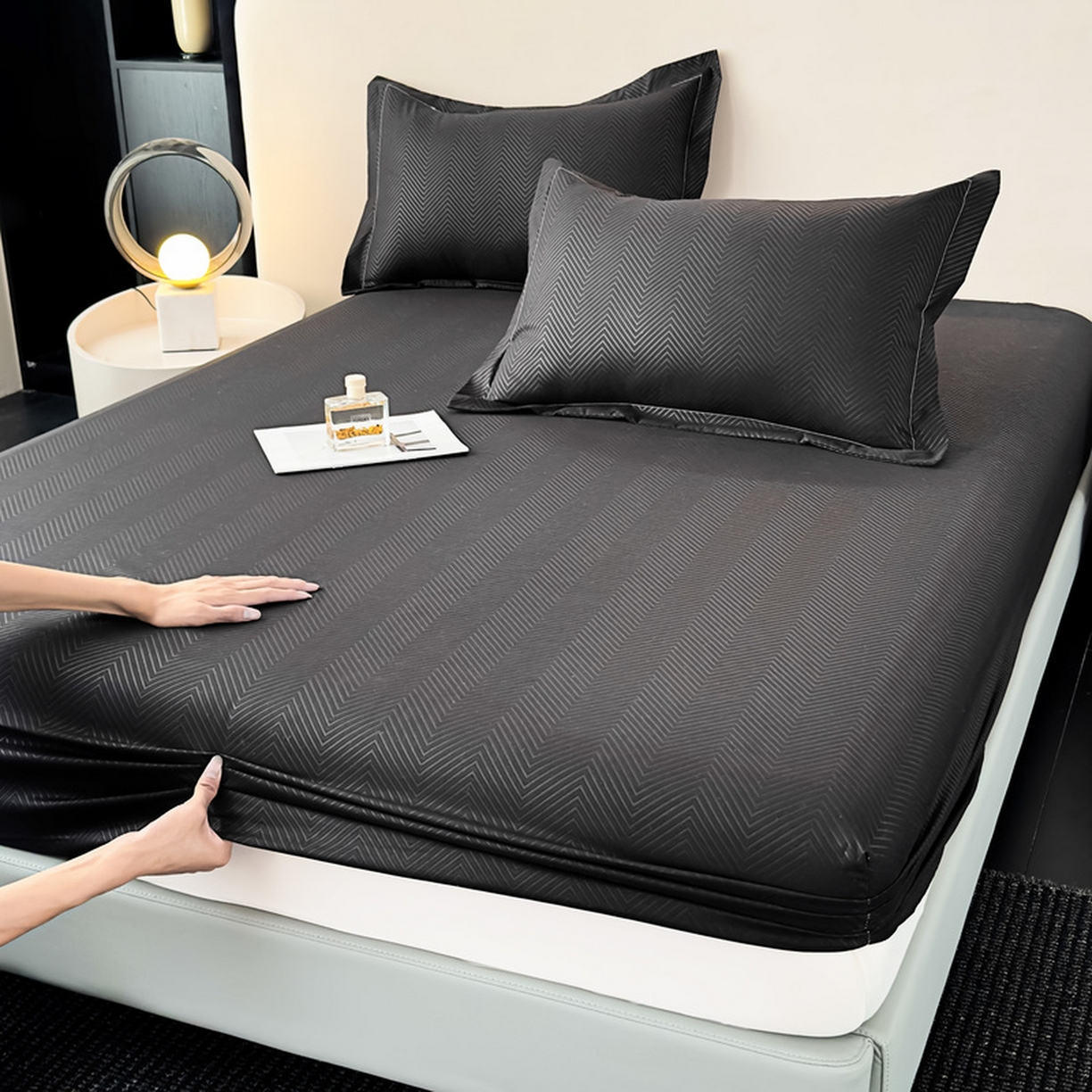 91家纺网 家纺一手货源 找家纺 露梦家纺 2025外贸内销跨境电商亚马逊速卖通磨毛单床笠三件套欧美尺寸多多跨境平台TEMU SHEIN笠高30 波纹-黑色