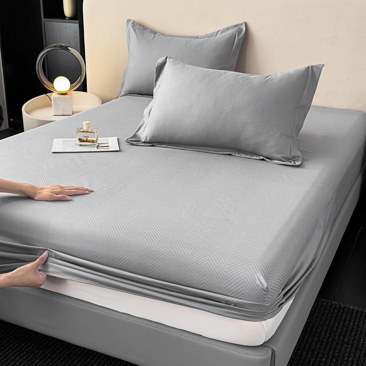 91家纺网 家纺一手货源 找家纺 露梦家纺 2025外贸内销跨境电商亚马逊速卖通磨毛单床笠三件套欧美尺寸多多跨境平台TEMU SHEIN笠高30 波纹-浅灰