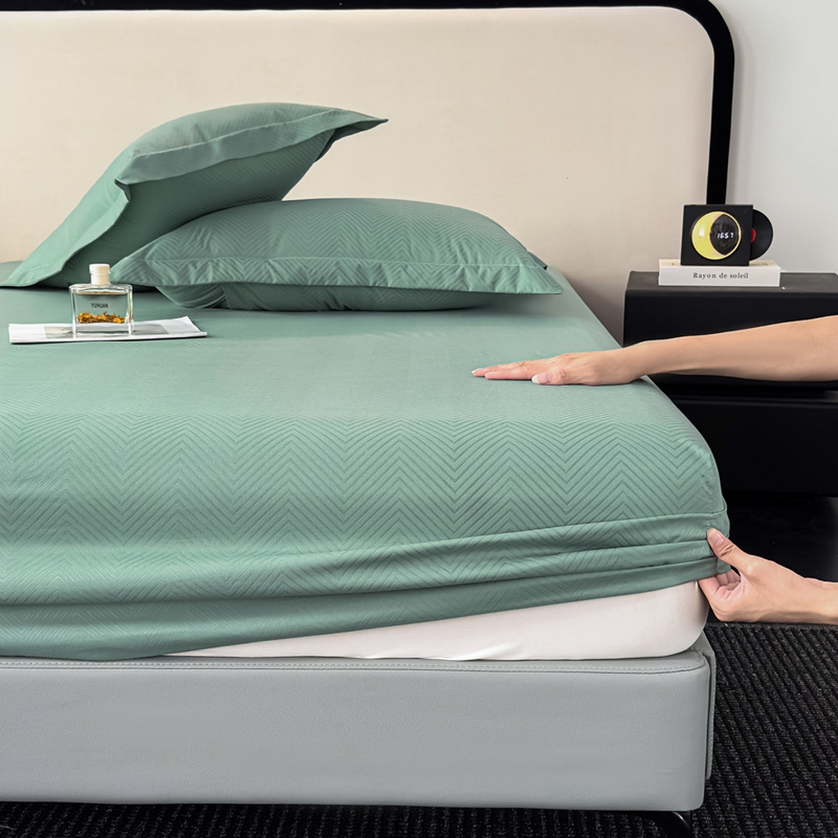 91家纺网 家纺一手货源 找家纺 露梦家纺 2025外贸内销跨境电商亚马逊速卖通磨毛单床笠三件套欧美尺寸多多跨境平台TEMU SHEIN笠高30 波纹-松绿