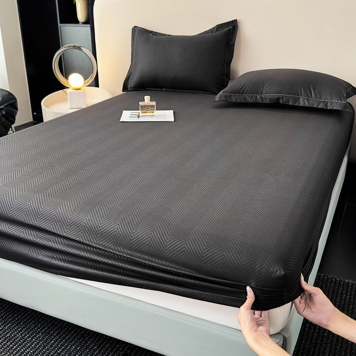 91家纺网 家纺一手货源 找家纺 露梦家纺 2025外贸内销跨境电商亚马逊速卖通磨毛单床笠三件套欧美尺寸多多跨境平台TEMU SHEIN笠高30 波纹-黑色