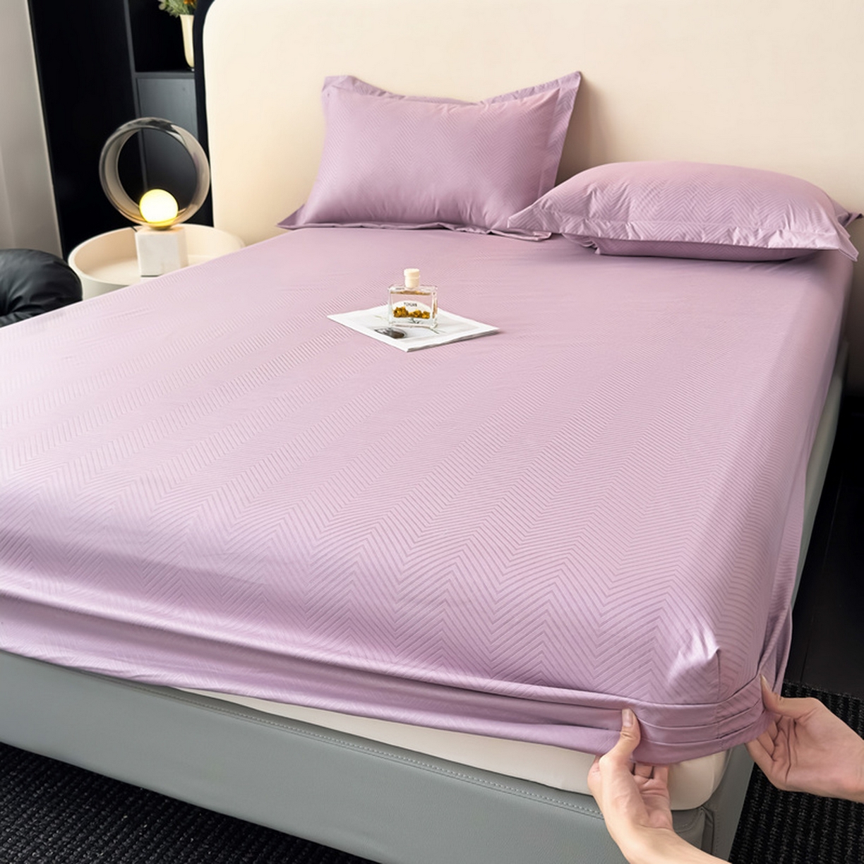 91家纺网 家纺一手货源 找家纺 露梦家纺 2025外贸内销跨境电商亚马逊速卖通磨毛单床笠三件套欧美尺寸多多跨境平台TEMU SHEIN笠高30 波纹-紫色