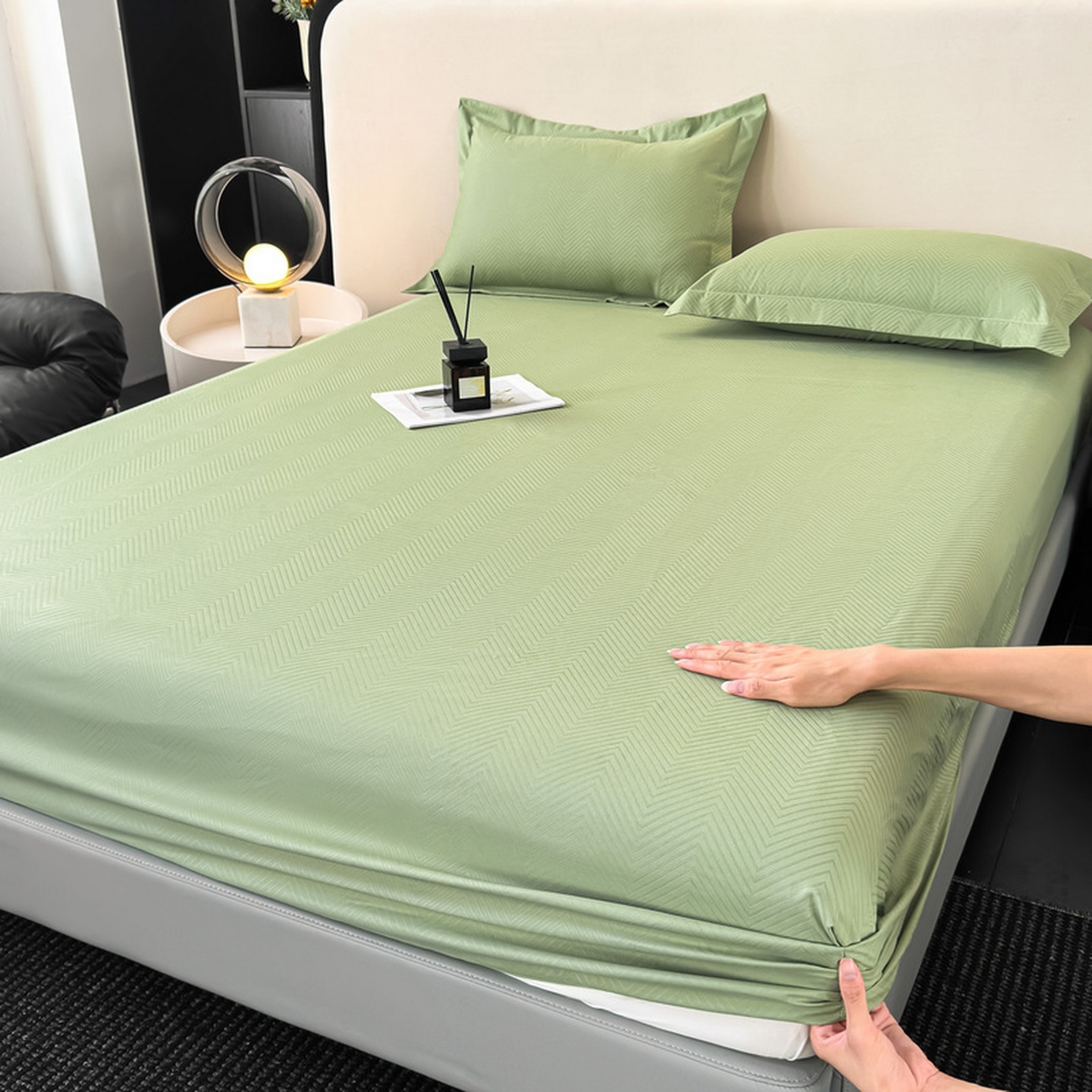 91家纺网 家纺一手货源 找家纺 露梦家纺 2025外贸内销跨境电商亚马逊速卖通磨毛单床笠三件套欧美尺寸多多跨境平台TEMU SHEIN笠高30 波纹-豆绿