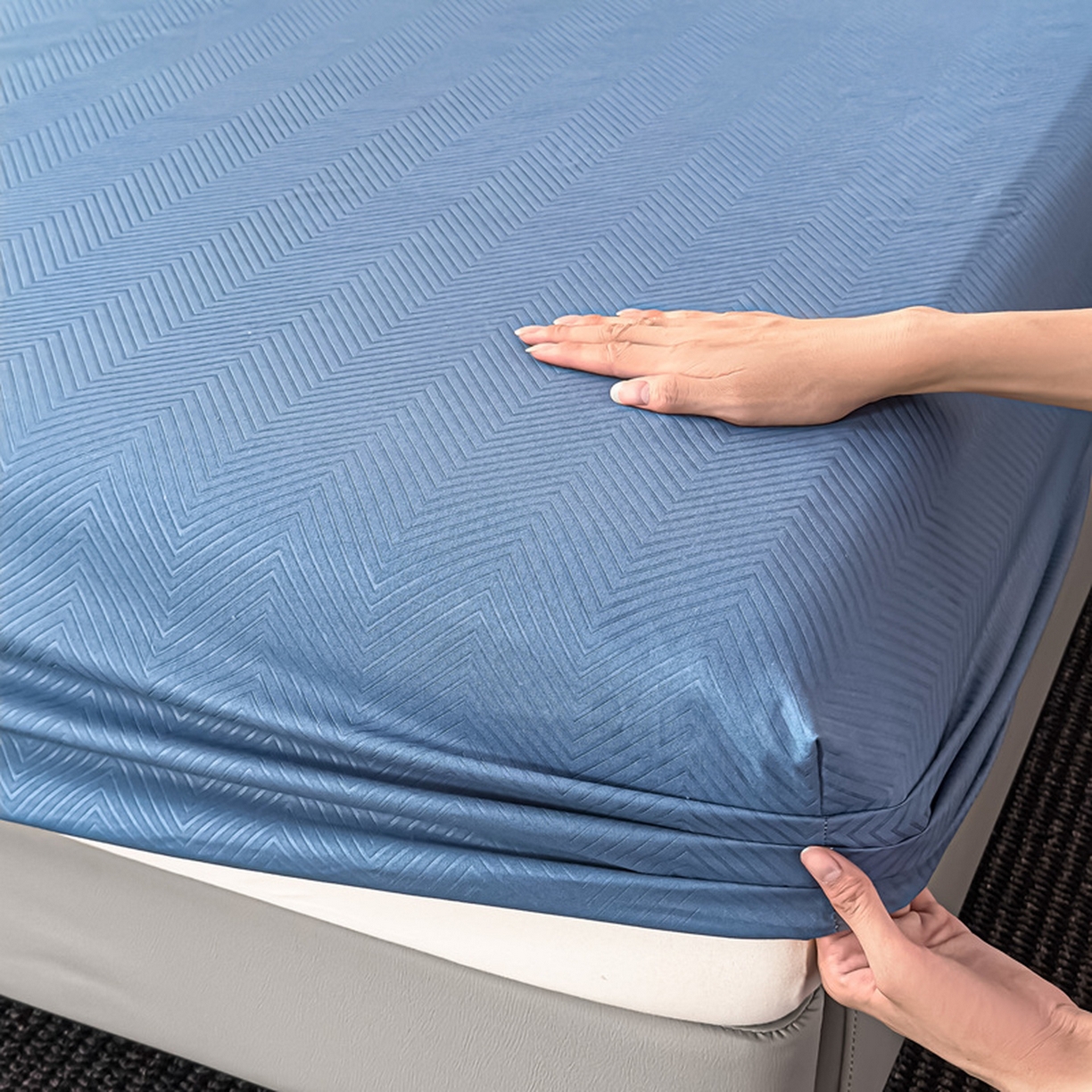 91家纺网 家纺一手货源 找家纺 露梦家纺 2025外贸内销跨境电商亚马逊速卖通磨毛单床笠三件套欧美尺寸多多跨境平台TEMU SHEIN笠高30 波纹-冰蓝