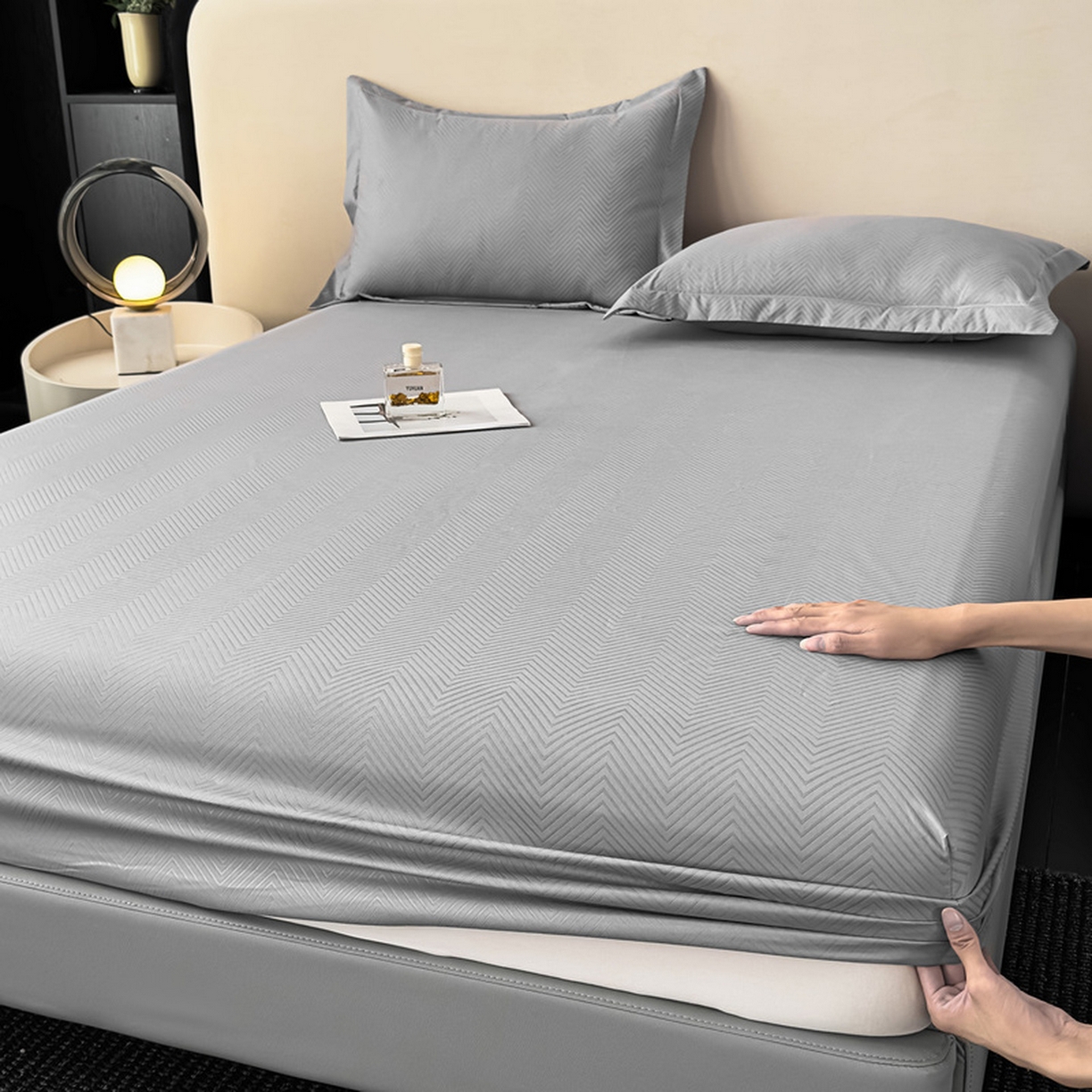 91家纺网 家纺一手货源 找家纺 露梦家纺 2025外贸内销跨境电商亚马逊速卖通磨毛单床笠三件套欧美尺寸多多跨境平台TEMU SHEIN笠高30 波纹-浅灰