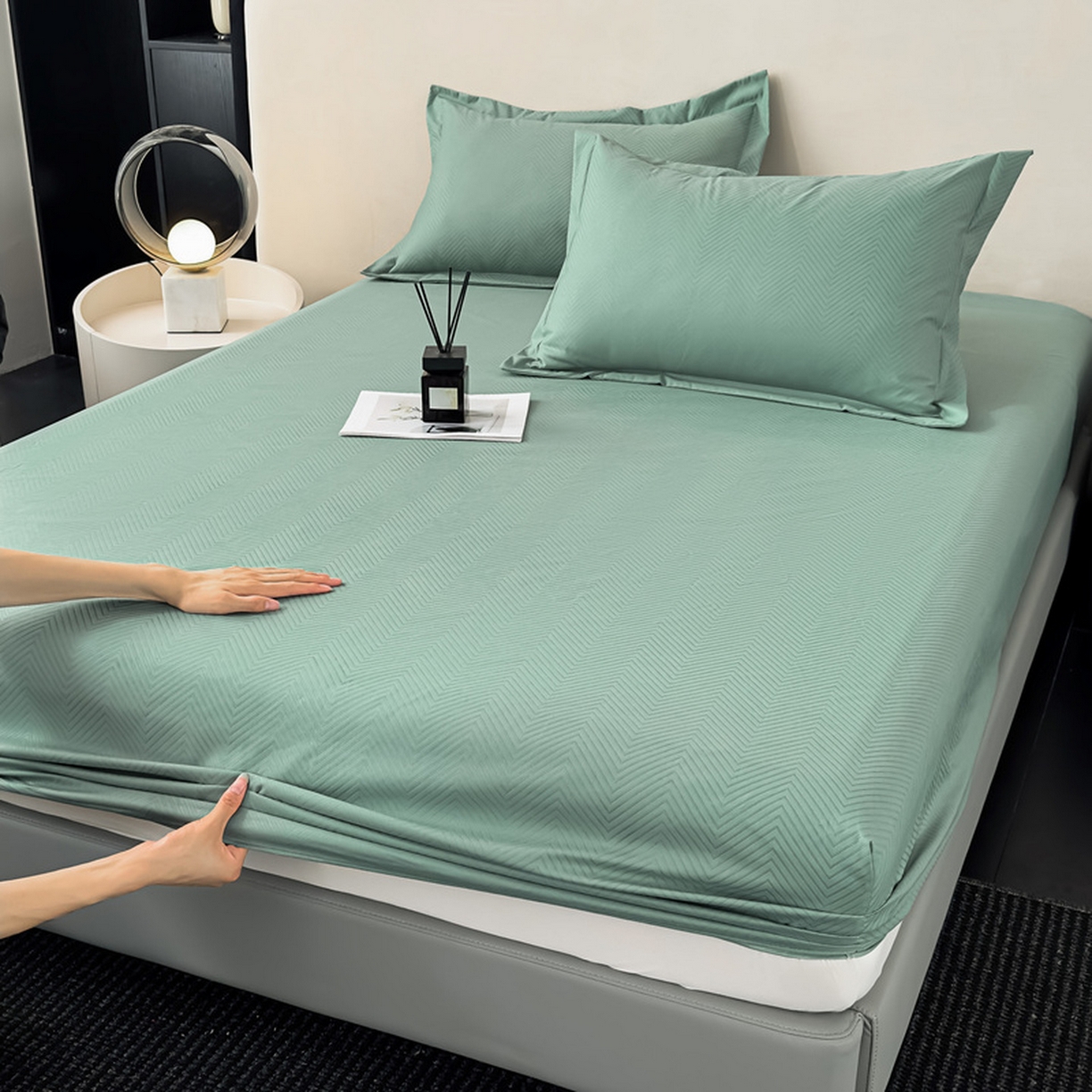 91家纺网 家纺一手货源 找家纺 露梦家纺 2025外贸内销跨境电商亚马逊速卖通磨毛单床笠三件套欧美尺寸多多跨境平台TEMU SHEIN笠高30 波纹-松绿