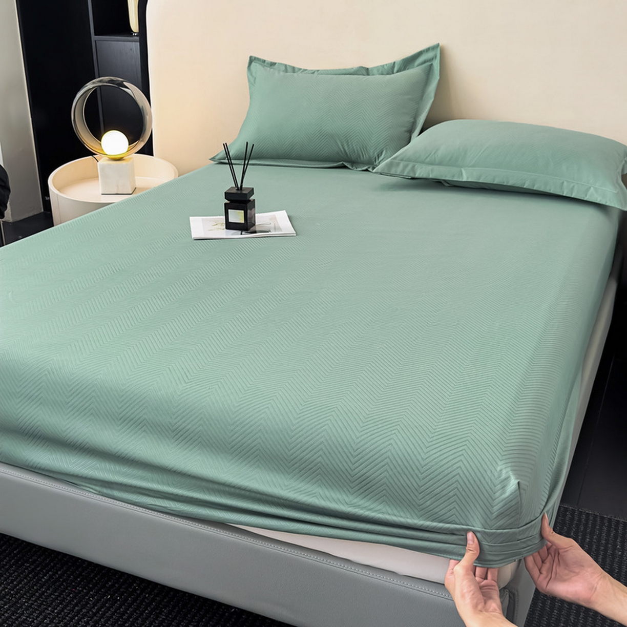 91家纺网 家纺一手货源 找家纺 露梦家纺 2025外贸内销跨境电商亚马逊速卖通磨毛单床笠三件套欧美尺寸多多跨境平台TEMU SHEIN笠高30 波纹-松绿