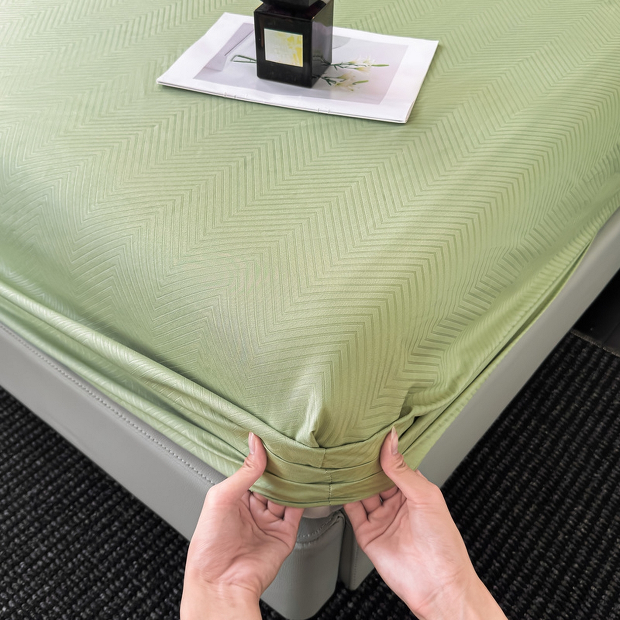 露梦家纺 2025外贸内销跨境电商亚马逊速卖通磨毛单床笠三件套欧美尺寸多多跨境平台TEMU SHEIN笠高30 波纹-豆绿