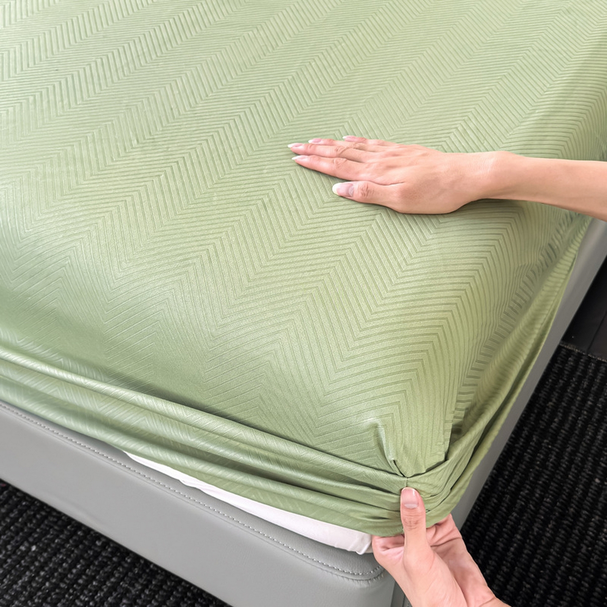 91家纺网 家纺一手货源 找家纺 露梦家纺 2025外贸内销跨境电商亚马逊速卖通磨毛单床笠三件套欧美尺寸多多跨境平台TEMU SHEIN笠高30 波纹-豆绿